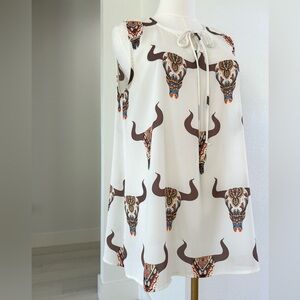 Western Bohemian Neutral Semi Sheer Longhorn Rodeo Blousey Tank Top Womens S